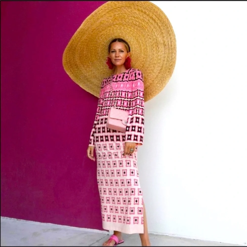 ZARA GEOMETRIC PRINTED MIDI DRESS PINK Small